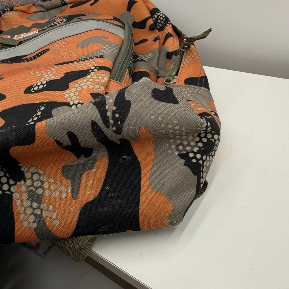 LL‎ Bean 90s Deluxe Backpack Orange Camo Reflective Outdoors School Vintage EUC